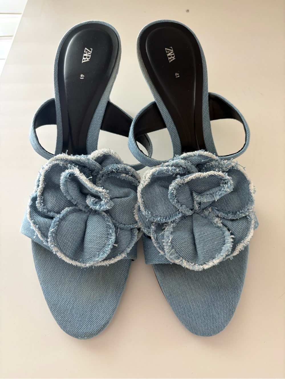 Zara Light Blue Denim Floral Mules